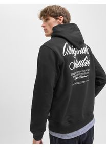 Jack & Jones Kapuzensweatshirt JACK & JONES "JORNORREBRO TYPO BACK SWEAT HOOD SN", Herren, Gr. XS, schwarz, angeraute Sweatware, Obermaterial: 89% Baumwolle, 11% Polyester, bedruckt, relaxed fit normal, ohne Ausschnitt, Rippb&uuml;ndchen, Sweatshirts Kapuzensweatshirt, mit Print