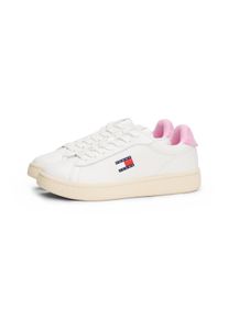 Plateausneaker Tommy Jeans "ARCHIVE' 98", Damen, Gr. 36, rosa (ecru, rosa), Nappaleder, Textil, unifarben mit Farbeins&auml;tzen, Basic, Schuhe Plateausneaker, Freizeitschuh, Halbschuh, Schn&uuml;rer mit Kontrastbesatz an der Ferse