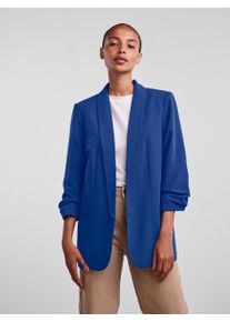 Blusenblazer Pieces "PCBOSELLA 3/4 BLAZER NOOS", Damen, Gr. S, blau (mazarine blau), Web, Obermaterial: 79% Polyester, 16% Viskose, 5% Elasthan, unifarben, slim fit h&uuml;ftbedeckend, Blazer Blusenblazer, Materialmix, regular fit