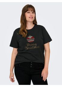 Kurzarmshirt Only CARMAKOMA "CARKITA XMAS SS O-NECK JEANS FIT TEE JRS", Damen, Gr. XL, schwarz print:merry chrstmas, Jersey, Obermaterial: 100% Baumwolle, bedruckt, regular fit, Rundhals, Shirts Kurzarmshirt, Weihnachtsshirt