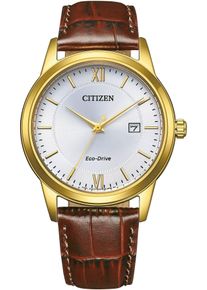Solaruhr Citizen, braun (braun, wei&szlig;), Armbanduhren, Herren, Solaruhr, Armbanduhr, Herrenuhr, Lederarmband, analog, Tag