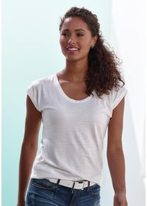 Beach Time Kurzarmshirt BEACHTIME "mit leicht transparenten Streifen", Damen, Gr. 48/50, beige (creme), Obermaterial: 50% Baumwolle, 50% Viskose, gestreift, Basic, bequem normal, tiefer Rundhals, Shirts Kurzarmshirt, aus weicher Baumwoll-Viskose-Qualit&auml;t, Topseller