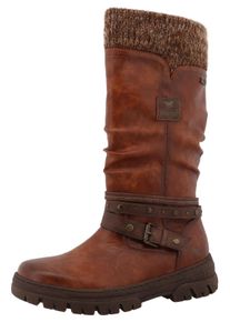 Winterstiefel Mustang Shoes "Tabitha", Damen, Gr. 38, Normalschaft, braun (cognac), Lederimitat, Textil, used, Schuhe Winterstiefel, Stiefel mit Zierriemchen und Blockabsatz