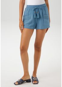 Shorts Aniston CASUAL, Damen, Gr. 36, N-Gr, blau, Web, Obermaterial: 100% Baumwolle, Strukturmuster, unifarben, figurumspielend kurz, Hosen Shorts, mit H&auml;kel-Applikationen verziert