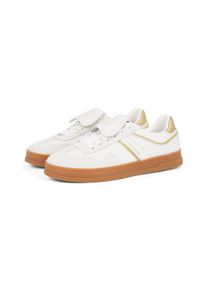 Plateausneaker Tommy Jeans "THE GREENWICH FLAP", Damen, Gr. 41, gold (wei&szlig;, goldfarben), Lederimitat, Veloursleder, Schuhe Plateausneaker, Freizeitschuh, Halbschuh, Schn&uuml;rer mit Ziern&auml;hten