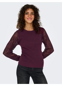 Rundhalspullover Only "ONLPERRY LIFE LS MIX O-NECK KNT", Damen, Gr. S, winetasting detail:dtm lace, Strick, Obermaterial: 78% Polyester, 22% Viskose, unifarben, slim fit, Rundhals, Pullover Rundhalspullover