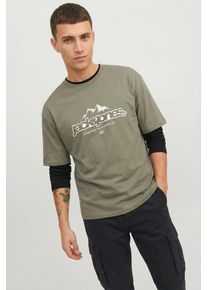 Jack & Jones T-Shirt JACK & JONES "JCOFLARE FRONT TEE SS CREW NECK FST", Herren, Gr. L, vetiver, Jersey, Obermaterial: 100% Baumwolle, bedruckt, regular fit, Rundhals, Shirts T-Shirt