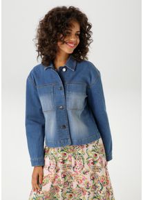 Jeansjacke Aniston CASUAL, Damen, Gr. 36, blau (blau usde), Denim/Jeans, Obermaterial: 98% Baumwolle, 2% Elasthan, Abriebeffekte, unifarben, l&auml;ssig geschnitten taillenbedeckt, 1-Knopf-Manschette, Jacken Jeansjacke, in trendiger Used-Waschung