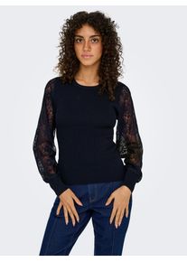 Rundhalspullover Only "ONLPERRY LIFE LS MIX O-NECK KNT", Damen, Gr. M, schwarz detail:dtm lace, Strick, Obermaterial: 78% Polyester, 22% Viskose, unifarben, slim fit, Rundhals, Pullover Rundhalspullover