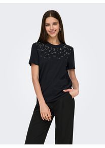 Kurzarmshirt Only "ONLPARKER S/S O-NECK BLING TOP BOX JRS", Damen, Gr. XS (34), schwarz (schwarz detail:dazzled stones), Jersey, Obermaterial: 50% Baumwolle, 50% Modal, unifarben, figurbetont normal, Rundhals, Shirts Kurzarmshirt, Materialmix, regular fit, Rundhals, mit Strass-Stein Detail