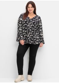 Langarmshirt sheego "Langarmshirt", Damen, Gr. 56/58, schwarz (schwarz, gemustert), 95% Viskose, 5% Elasthan, gebl&uuml;mt, gemustert, V-Ausschnitt, Shirts Langarmshirt