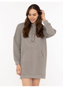 Sweatkleid Zwillingsherz "Wild Vibes", Damen, Gr. S, N-Gr, mittelgrau, Sweatware, Obermaterial: 50% Baumwolle, 50% Polyester, l&auml;ssig geschnitten kniefrei, hoch geschlossener Ausschnitt, angesetztes B&uuml;ndchen, Kleider Sweatkleid, praktische Fronttaschen, Leo-Kordel, tonale Stickerei