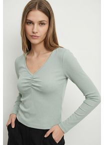 Langarmshirt Only "ONLBETTY LIFE L/S SCALLOP V-NECK CC JRS", Damen, Gr. L, jadeite, Jersey, Obermaterial: 95% Baumwolle, 5% Elasthan, unifarben, h&uuml;ftlang, V-Ausschnitt, Shirts Langarmshirt, mit Raffung am Ausschnitt