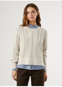 Strickpullover Pepe Jeans "CANDIDE", Damen, Gr. S, wei&szlig; (oyster wei&szlig;), Strick, Obermaterial: 60% Baumwolle, 40% Polyacryl, unifarben, Rundhals, Strickb&uuml;ndchen, Pullover Strickpullover, mit Lochmuster