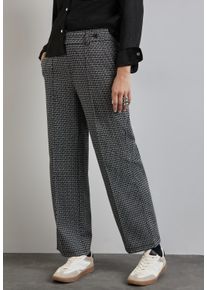 Stoffhose Street One, Damen, Gr. 38, L&auml;nge 30, schwarz, Obermaterial: 70% Polyester, 25% Viskose, 5% Elasthan, Jacquardmuster, straight fit kn&ouml;chellang, Hosen Stoffhose, Sommerhose mit Jaquard Muster