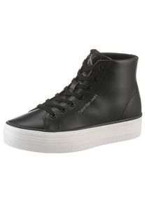 Plateausneaker Calvin Klein Jeans "BOLD VULC FLATF MID LTH IN", Damen, Gr. 39, schwarz-wei&szlig; (schwarz, wei&szlig;), Leder, unifarben, Schuhe Plateausneaker, High Top Sneaker, Schn&uuml;rboots mit CK Logo an der Ferse