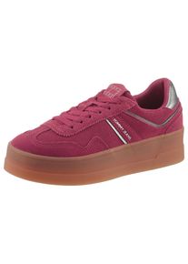 Plateausneaker Tommy Jeans "THE GREENWICH FLATFORM ELEVATED", Damen, Gr. 38, rot, Lederimitat, Veloursleder, unifarben mit Farbeinsatz, Schuhe Plateausneaker, Schn&uuml;rschuh, Freitzeitschuh, Halbschuh mit Logo-Aufn&auml;her
