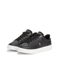 Plateausneaker Tommy Hilfiger "ESSENTIAL CHIC COURT SNEAKER", Damen, Gr. 35, schwarz-wei&szlig; (schwarz, wei&szlig;), Leder, Lederimitat, Schuhe Plateausneaker, Freizeitschuh, Schn&uuml;rschuh, Halbschuh mit TH-Schmuckelement