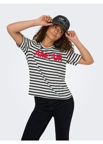 T-Shirt Only "ONLKIKO LIFE S/S O-NECK TERRY TOP CS JRS", Damen, Gr. M, schwarz (cloud dancer stripes:schwarz, print amour), Jersey, Obermaterial: 100% Baumwolle, gestreift, regular fit, Rundhals, Shirts T-Shirt
