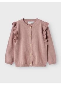 Strickjacke name it "NMFABINNE LS KNIT CARD NOOS", M&auml;dchen, Gr. 80, rosa (deauville mauve), Strick, Obermaterial: 74% Baumwolle, 18% Polyester, 8% metallisierte Fasern, unifarben, normal normal, Rundhals, Strickb&uuml;ndchen, Strickjacken Strickjacke, mit s&uuml;&szlig;er R&uuml;sche an den Schultern