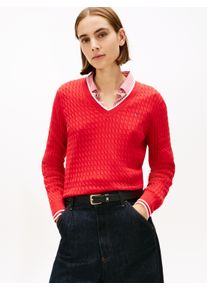 V-Ausschnitt-Pullover Tommy Hilfiger "CO CABLE V-NK LS SWT", Damen, Gr. XS (34), primary rot, calico tipping, Strick, Obermaterial: 100% Baumwolle, unifarben, normal kurz, V-Ausschnitt, Rippstrickb&uuml;ndchen, Pullover V-Ausschnitt-Pullover, mit Zopfmuster, Logostickerei