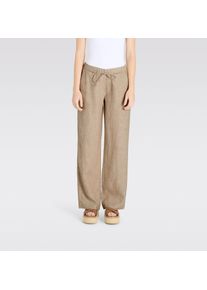 Leinenhose MAC "CHIARA BELT", Damen, Gr. 46, L&auml;nge 34, sanddrift melange, Obermaterial: 100% Leinen, weit kn&ouml;chellang, Hosen Leinenhose, Sommerhose Wide Fit, mit geradem, weitem Bein