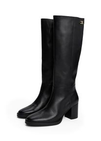 Stiefel Tommy Hilfiger "STACKED HEEL LEATHER LONG BOOT", Damen, Gr. 38, Normalschaft, schwarz, Glattleder, Schuhe Stiefel, Blockabsatz, Langschaftstiefel mit goldfarbenem Logo-Schmuckelement