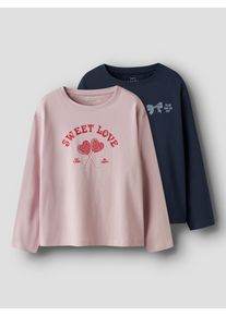 Langarmshirt name it "NKFVEEN 2P LS RLX TOP", M&auml;dchen, Gr. 122/128, blau (burnished lila pack:navy blazer, bow), Jersey, Obermaterial: 100% Baumwolle, bedruckt, relaxed fit normal, Rundhals, Shirts Langarmshirt