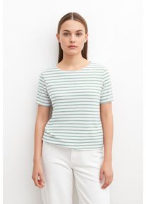 V&eacute;ro Moda Rundhalsshirt VERO MODA "VMABBY SS ZIP TOP JRS NOOS", Damen, Gr. S, wei&szlig; (snow wei&szlig; stripes:gray mist), Jersey, Obermaterial: 77% Polyester, 19% Viskose, 4% Elasthan, gestreift, normal, Rundhals, Shirts Rundhalsshirt, Materialmix, regular fit