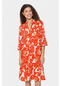 Blusenkleid Saint Tropez "EdaSZ Dress", Damen, Gr. S, N-Gr, orange (poinciana water blooms), Web, Obermaterial: 100% Viskose, gebl&uuml;mt, knieumspielend, V-Ausschnitt, Volant, Kleider Blusenkleid, Sommerkleid, Tunikakleid mit Volant und 3/4 &Auml;rmel