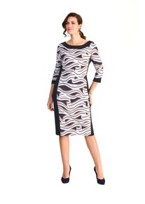 Etuikleid, Damen, Gr. 46, N-Gr, schwarz-wei&szlig; (nature, schwarz), Web, Obermaterial: 92% Polyester, 8% Elasthan, HERMANN LANGE Collection, bedruckt, knielang, U-Boot-Ausschnitt, B&uuml;ndchen, Kleider Etuikleid, mit grafischem Muster