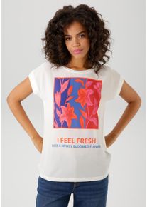 Shirtbluse Aniston CASUAL, Damen, Gr. 48, bunt (wollwei&szlig;, orange, rot, pink, rosa, blau, jeansblau), Cr&ecirc;pe, Obermaterial: 98% Polyester, 2% Elasthan. R&uuml;ckenteil: 95% Viskose, 5% Elasthan, Strukturmuster, bedruckt, figurumspielend h&uuml;ftbedeckend, Rundhals, angesetztes B&uuml;ndchen, Blusen Shirtbluse, mit kunstvollen Blumendruck und Statement-Schriftzug