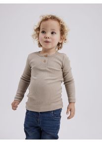 Langarmshirt name it "NMMKAB LS TOP NOOS", Jungen, Gr. 134/140, beige (pure cashmere), Feinripp, Obermaterial: 57% Baumwolle, 38% Modal, 5% Elasthan, meliert, normal normal, Rundhals, abgesteppte Kante, Shirts Langarmshirt, Im Henley-Stil - mit kurzer Knopfleise, normal geschnitten