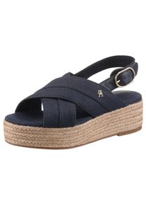 Keilsandalette Tommy Hilfiger "DENIM ESPADRILLE PLATFORM SANDAL", Damen, Gr. 42, blau (dunkelblau), Baumwolle, Leder, unifarben, Schuhe Keilsandalette, Plateau, Riemchensandale, Sommerschuh mit verstellbarer Schnalle