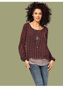 Longbluse Heine, Damen, Gr. 48, rot (rot, schwarz), 100% Polyester, bedruckt, gemustert, Rundhals, Blusen Longbluse