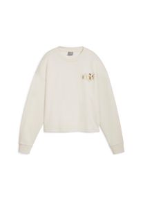 Langarmshirt Puma "ESS+ CLASS ACT CREW FL", Damen, Gr. L, wei&szlig; (alpine snow), Fleece, Obermaterial: 68% Baumwolle, 32% Polyester, bedruckt, relaxed fit kurz, Rundhals, Shirts Langarmshirt, sportlicher Relaxed Fit, Rundhalsausschnitt, aus Baumwollmischung