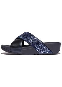 Pantolette fitflop "LULU CRYSTAL", Damen, Gr. 37, blau (dunkelblau), Lederimitat, Textil, Glitzer, Schuhe Pantolette, Plateauschuh, Slides mit trendigen Glitzerdetails