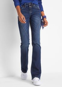Bootcut-Jeans bonprix "Bootcut Jeans Mid Waist, Stretch", Damen, Gr. 44, N-Gr, blau (dunkelblau used), Denim/Jeans, Obermaterial: 95% Baumwolle, 4% Polyester, 1% Elasthan, unifarben, regular fit lang, Jeans Bootcut-Jeans, Regular Fit, mit Teilungsnaht an der Vorderseite