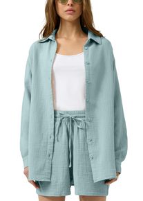 Langarmbluse QS, Damen, Gr. 44, sage gr&uuml;n, Crash, Obermaterial: 100% Baumwolle, unifarben, l&auml;ssig geschnitten Po-bedeckend, Rundhals, 1-Knopf-Manschette, Blusen Langarmbluse, Bluse extra lang, in Crashed-Optik