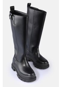 Stiefel Buffalo "ASPHA RIDING BOOT HI", Damen, Gr. 38, XL-Schaft, schwarz, Lederimitat, Schuhe Stiefel, Plateau, Langschaftstiefel, Reitstiefel mit verstellbaren Schnallen