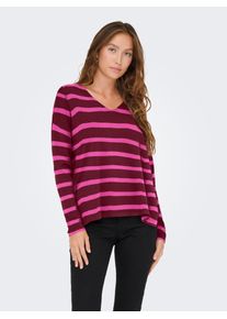 Strickpullover Only "ONLAMALIO LIFE LS V-NECK KNT", Damen, Gr. M, cabernet stripes:knockout pink, Strick, Obermaterial: 100% Polyester, gestreift, oversize, V-Ausschnitt, Pullover Strickpullover
