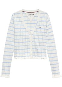 Strickjacke Tommy Hilfiger "POINTELLE CARDIGAN", M&auml;dchen, Gr. 8 (128), ivory silk, sweet blau stripes, Strick, Obermaterial: 100% Baumwolle, gestreift, regular fit h&uuml;ftlang, V-Ausschnitt, R&uuml;schen, Strickjacken Strickjacke, Kinder bis 16 Jahre, mit R&uuml;schen, regular fit