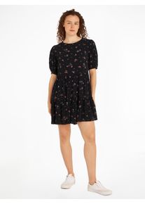 Blusenkleid Tommy Jeans "TJW BLACK FLORAL TIERD DRESS EXT", Damen, Gr. XL (42), N-Gr, schwarz (schwarz mountain floral), Web, Obermaterial: 100% Viskose, bedruckt, regular fit, Rundhals, Kleider Blusenkleid, mit Blumenprint
