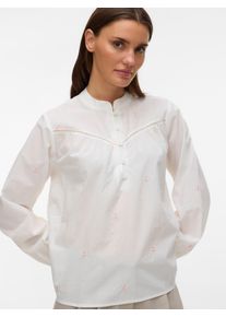 V&eacute;ro Moda Langarmbluse VERO MODA "VMIRIS LS TOP NOOS", Damen, Gr. S, snow wei&szlig; detail:pink cosmos emb., Jersey, Obermaterial: 100% Baumwolle, bestickt, unifarben, normal normal, Rundhals, weit 1-Knopf-Manschette, Blusen Langarmbluse, Baumwolle, allover bestickt