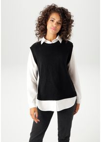 Strickpullover Aniston CASUAL, Damen, Gr. 38, schwarz-wei&szlig; (schwarz, wei&szlig;), Strick, Obermaterial: 100% Polyacryl. Bluseneinsatz: 100% Baumwolle, kontrastfarbene Details, unifarben, l&auml;ssig geschnitten Po-bedeckend, 1-Knopf-Manschette, Pullover Strickpullover, mit Bluseneinsatz