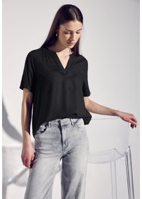 Kurzarmbluse Street One, Damen, Gr. 34, schwarz, Web, Obermaterial: 100% Viskose, unifarben, regular fit Po-bedeckend, Rundhals, Blusen Kurzarmbluse, mit geschlitztem Rundhalsausschnitt