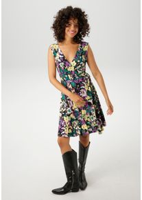 Sommerkleid Aniston CASUAL, Damen, Gr. 44, N-Gr, bunt (schwarz, gelb, lila, dunkelgr&uuml;n, rosa, wollwei&szlig;, hellgr&uuml;n), Single Jersey, Obermaterial: 95% Viskose, 5% Elasthan, bedruckt, gebl&uuml;mt, figurbetont, V-Ausschnitt, Kleider Sommerkleid, mit malerischem Blumendruck - jedes Teil ein Unikat