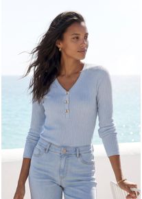 Langarmshirt Lascana "mit kurzer Knopfleiste", Damen, Gr. 32/34, blau (hellblau), Rippware, Obermaterial: 95% Viskose, 5% Elasthan, unifarben, bequem normal, V-Ausschnitt, Shirts Langarmshirt, aus weicher Viskose-Ripp-Qualit&auml;t, Topseller