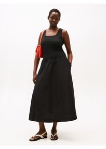 Sommerkleid Tommy Hilfiger Curve "CRV 5X2 RIB MIDI MIX F&F DRS", Damen, Gr. 46, N-Gr, schwarz, Rippware, Obermaterial: 97% Baumwolle, 3% Elasthan, unifarben, eckiger Ausschnitt, Kleider Sommerkleid