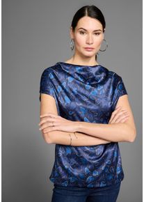 Shirtbluse HECHTER PARIS, Damen, Gr. 40, bunt (blau, orange, gemustert), Jersey, Obermaterial: 100% Polyester. Obermaterial R&uuml;ckenteil: 95% Viskose, 5% Elasthan, gemustert, figurumspielend h&uuml;ftlang, Wasserfallausschnitt, Blusen Shirtbluse, mit Wasserfallausschnitt und Satinfront